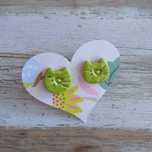 Green speckled Clay Cat stud earrings